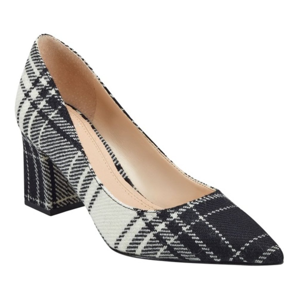 Marc Fisher Zala Plaid Fabric Block Heel Pointy Toe Pump sz 8.5